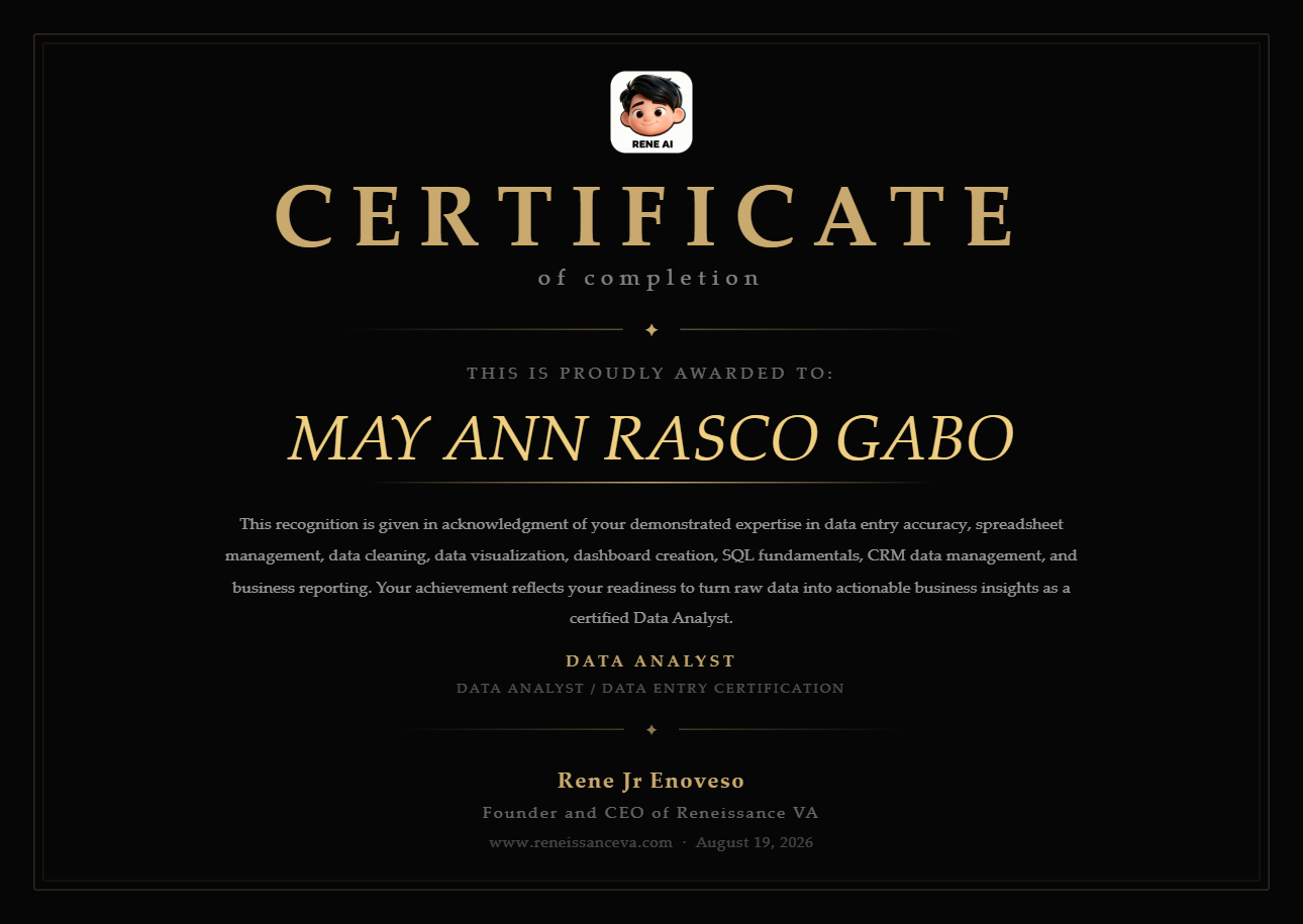 Certificate of Data Analyst/ Data Entry