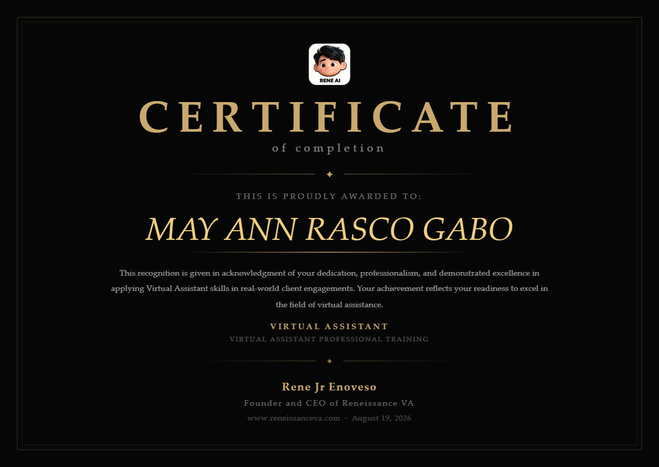 Certificate of Virtual Assistant Professional Training