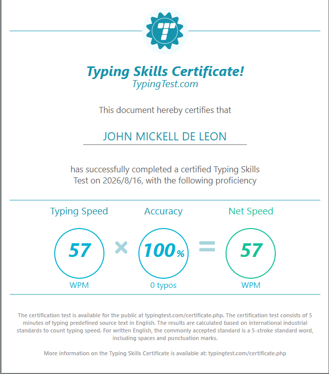 Typing Skills Certificate
