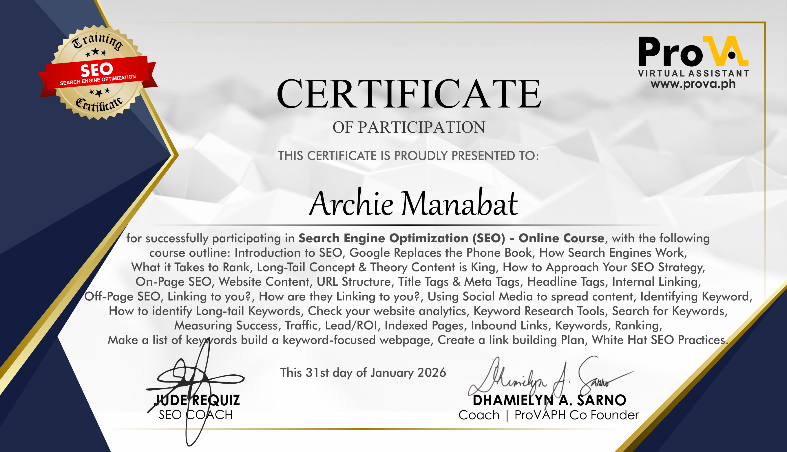Search Engine Optimization Training Certificate