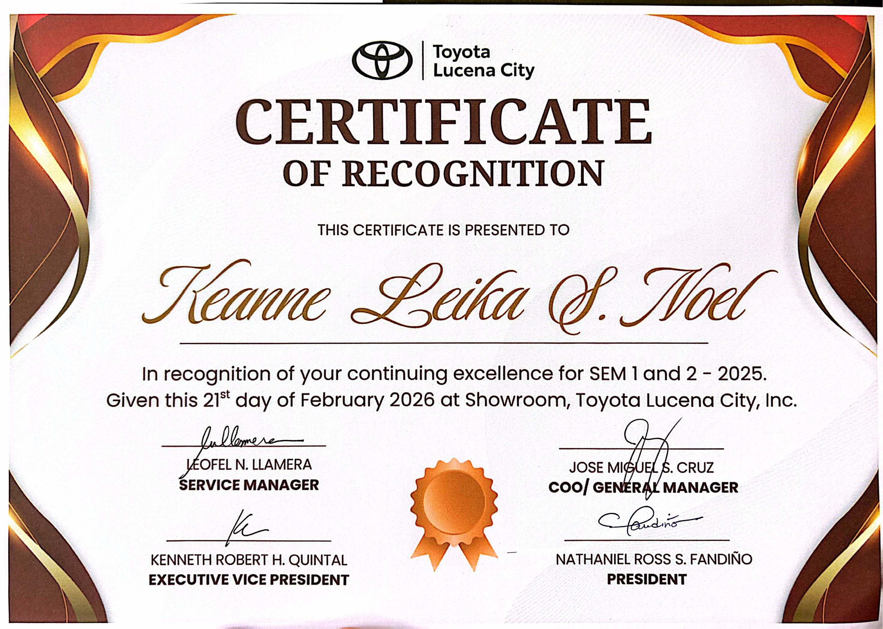CERTIFICATE OF RECOGNITION FOR EXCELLENCE 2025