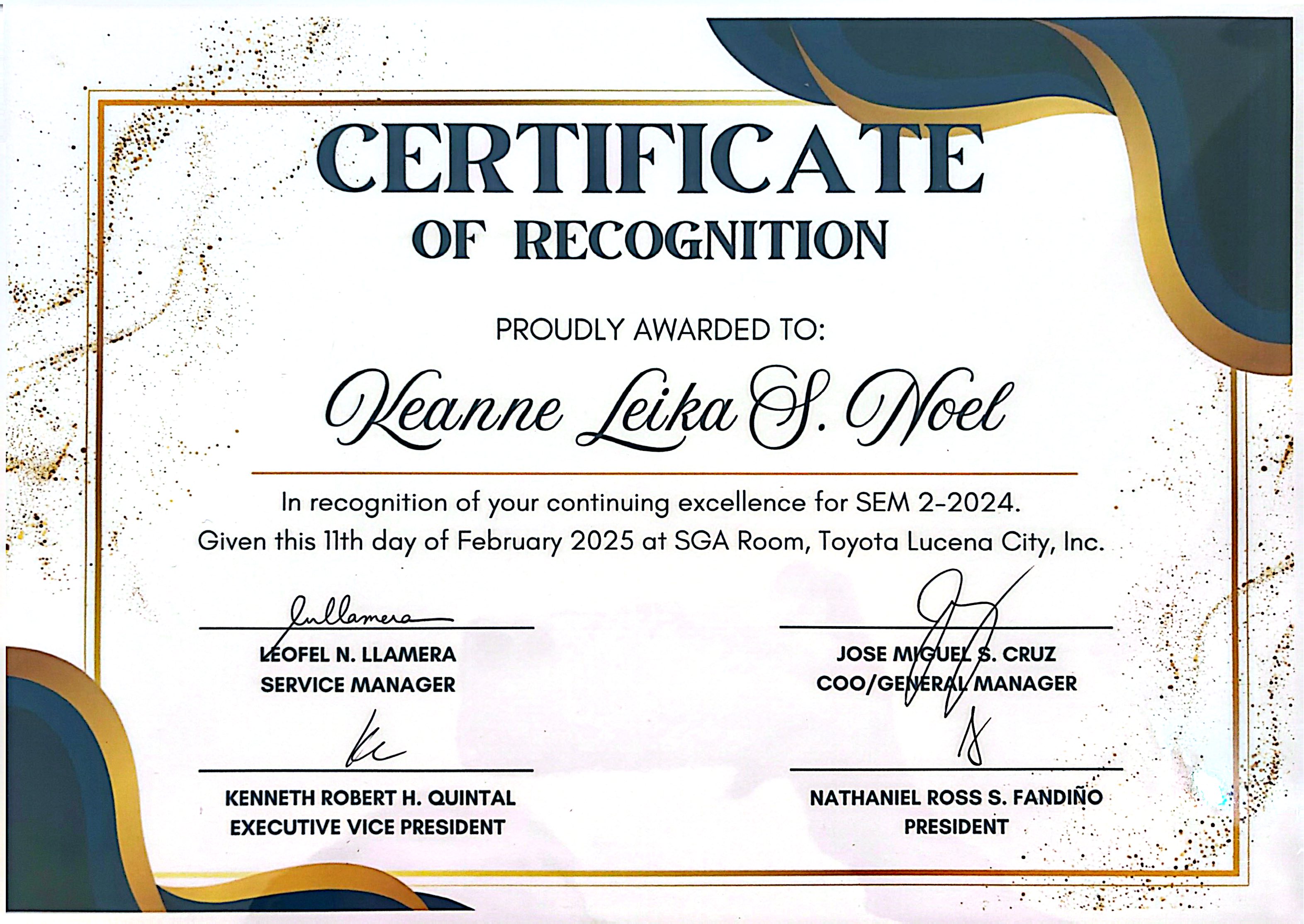CERTIFICATE OF RECOGNITION FOR EXCELLENCE 2024