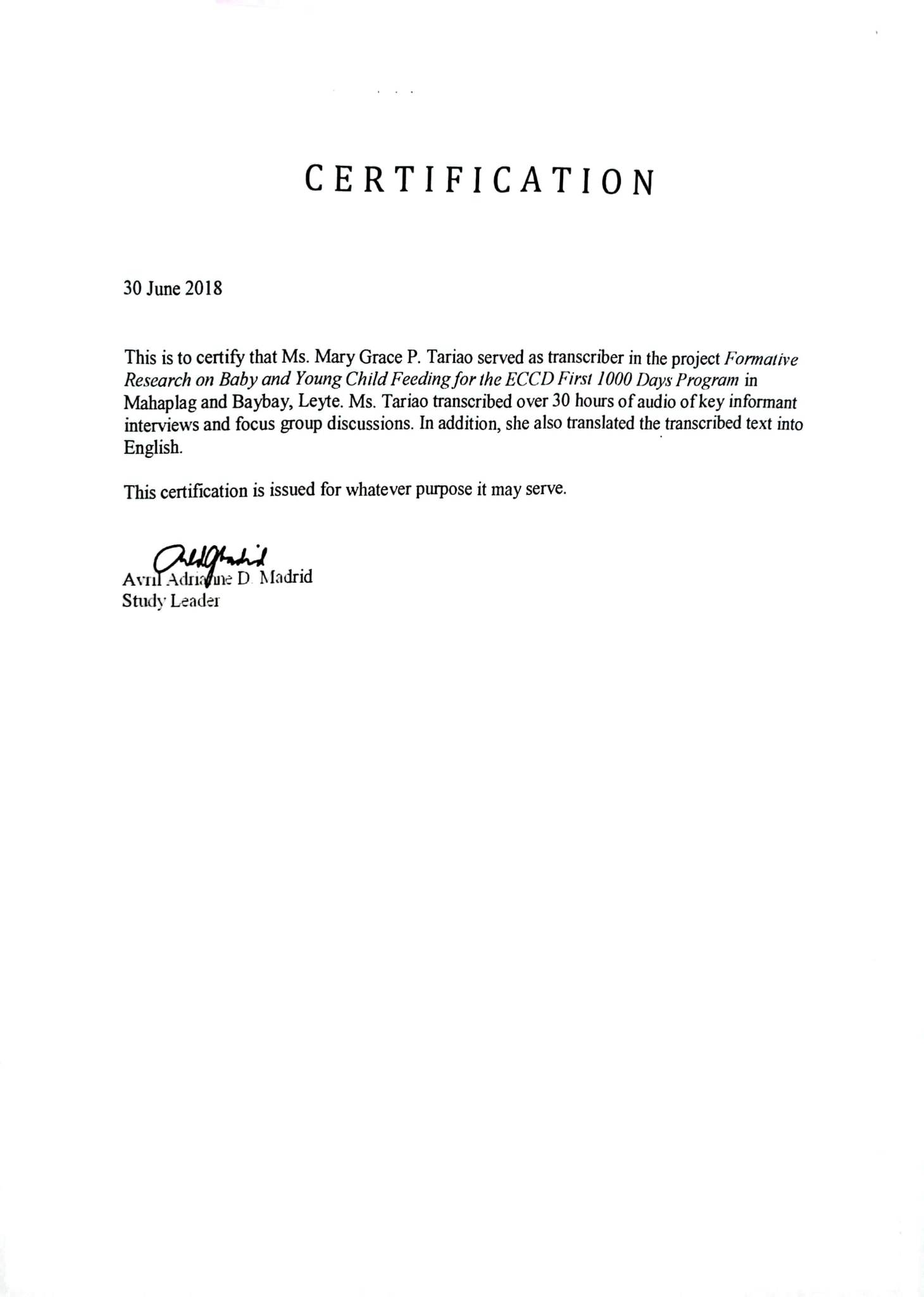 Translation and Transcription Certificate