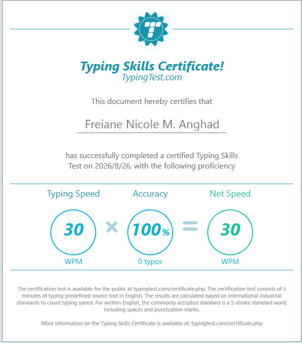 TYPING TEST CERTIFICATE