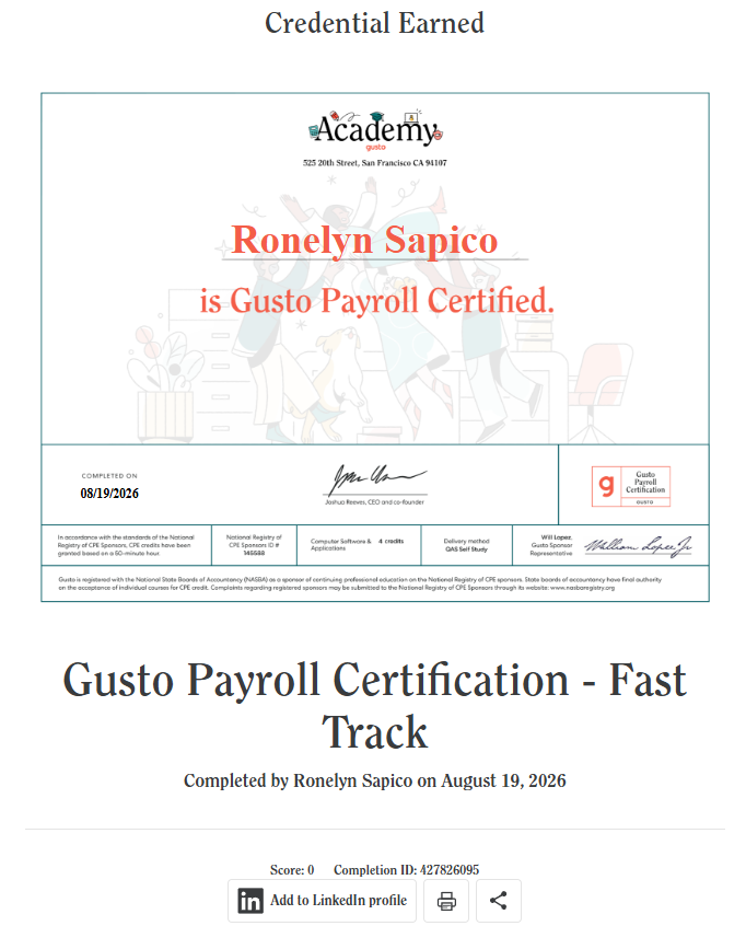 GUSTO PAYROLL CERTIFICATION-FAST TRACK