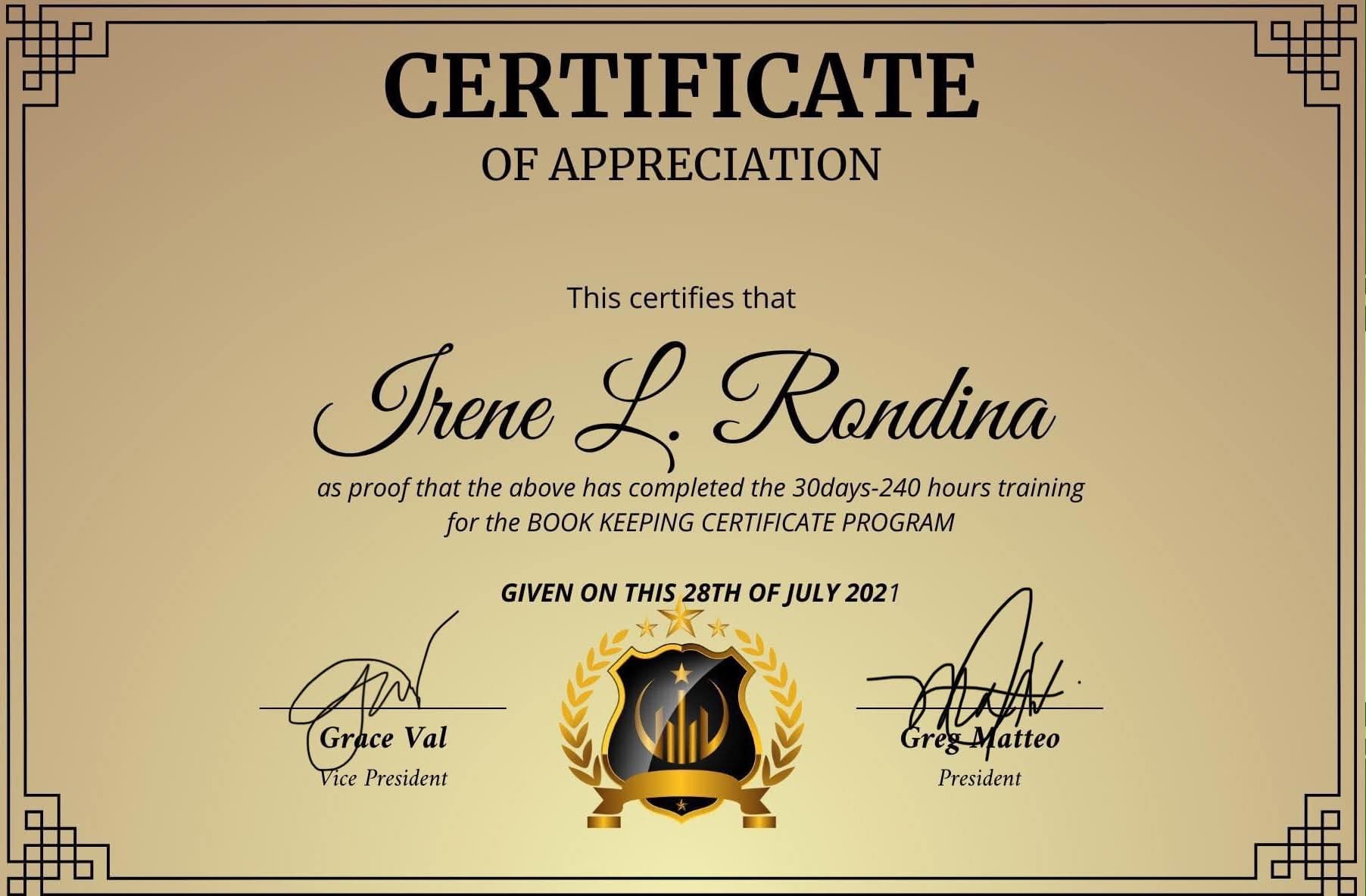 Bookkeeping OJT Certificate