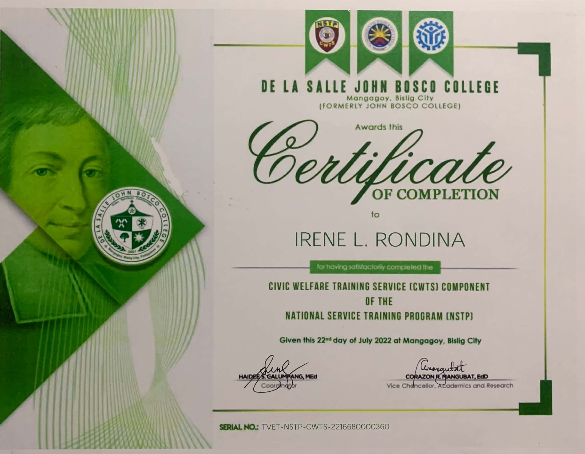 National Service Training Program  Certificate