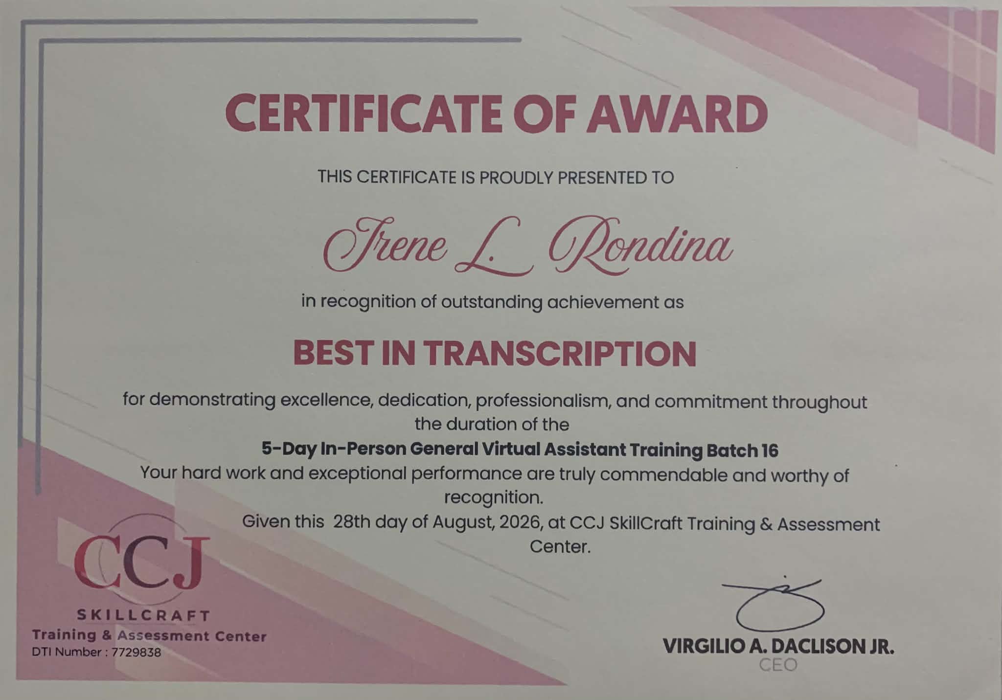 Best In Transcription Certificate of Award