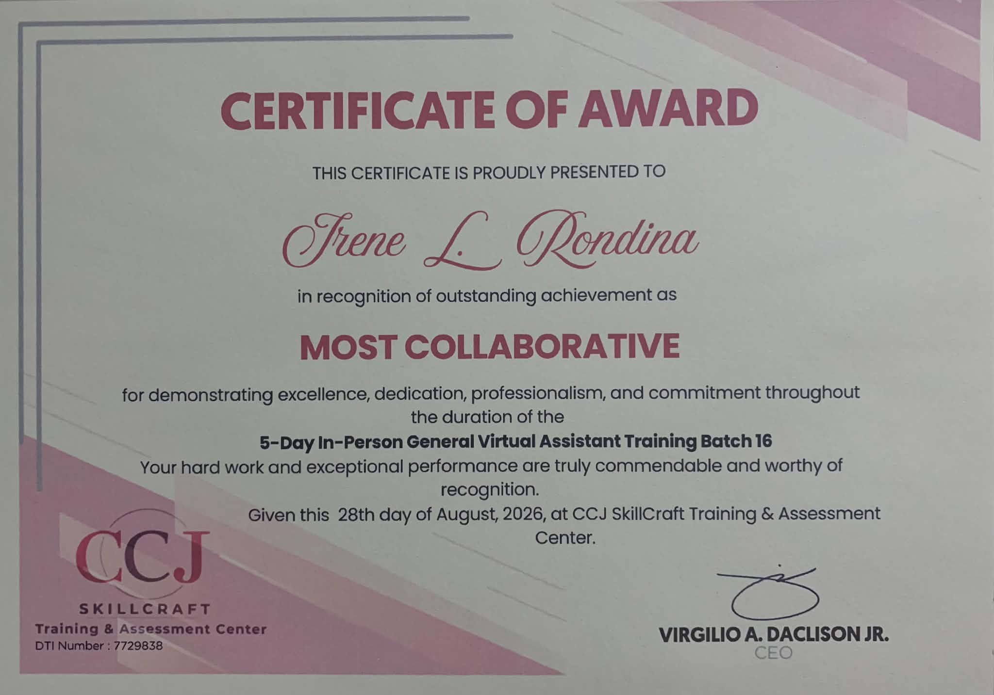 General Virtual Assistant Certificate of Award
