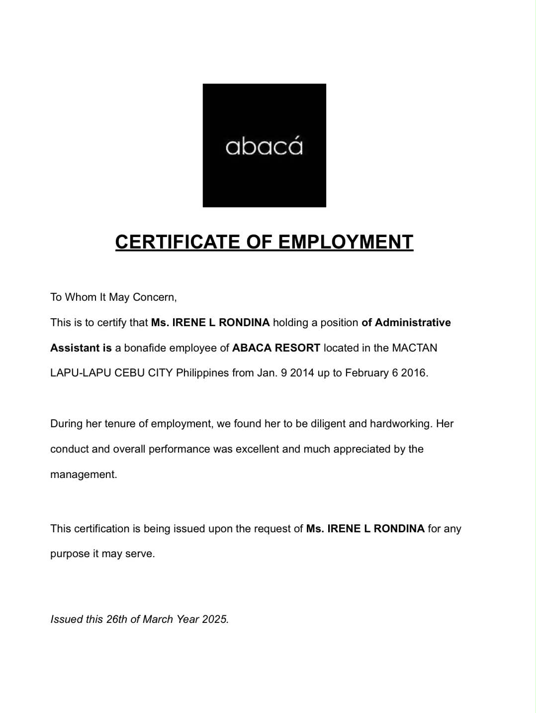 Certificate of Employment Abaca Resort