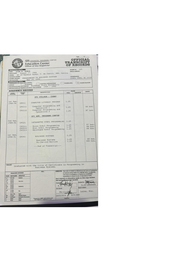 Systems Technology Institute - Transcript of Records