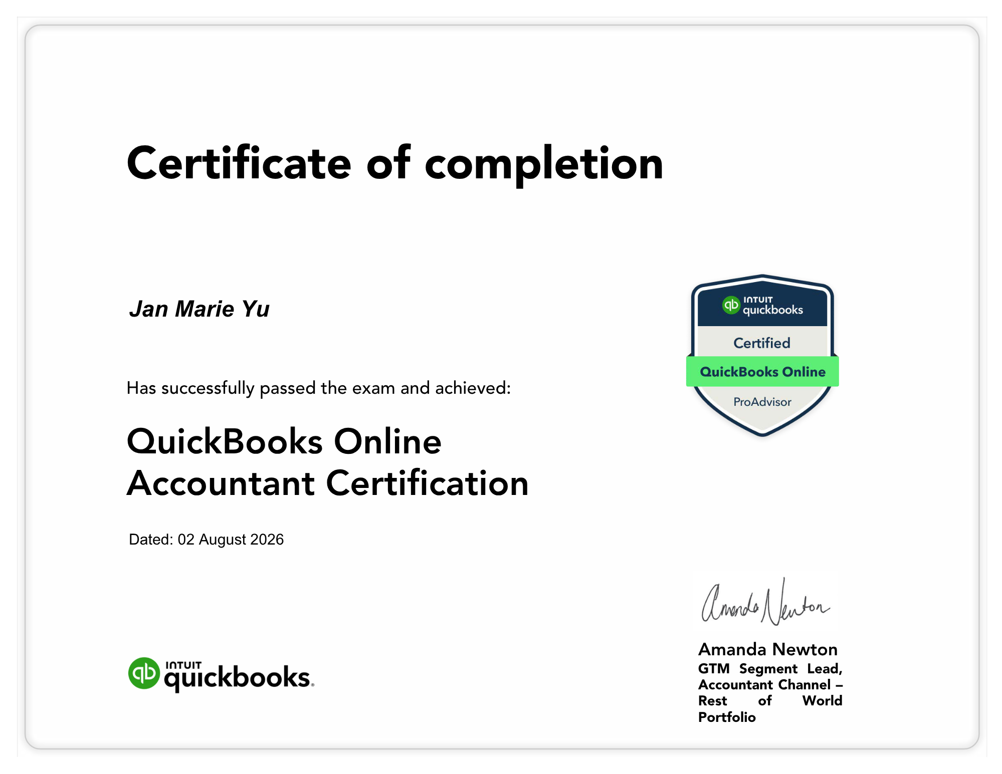 QuickBooksOnlineCertification - Jan Marie Yu