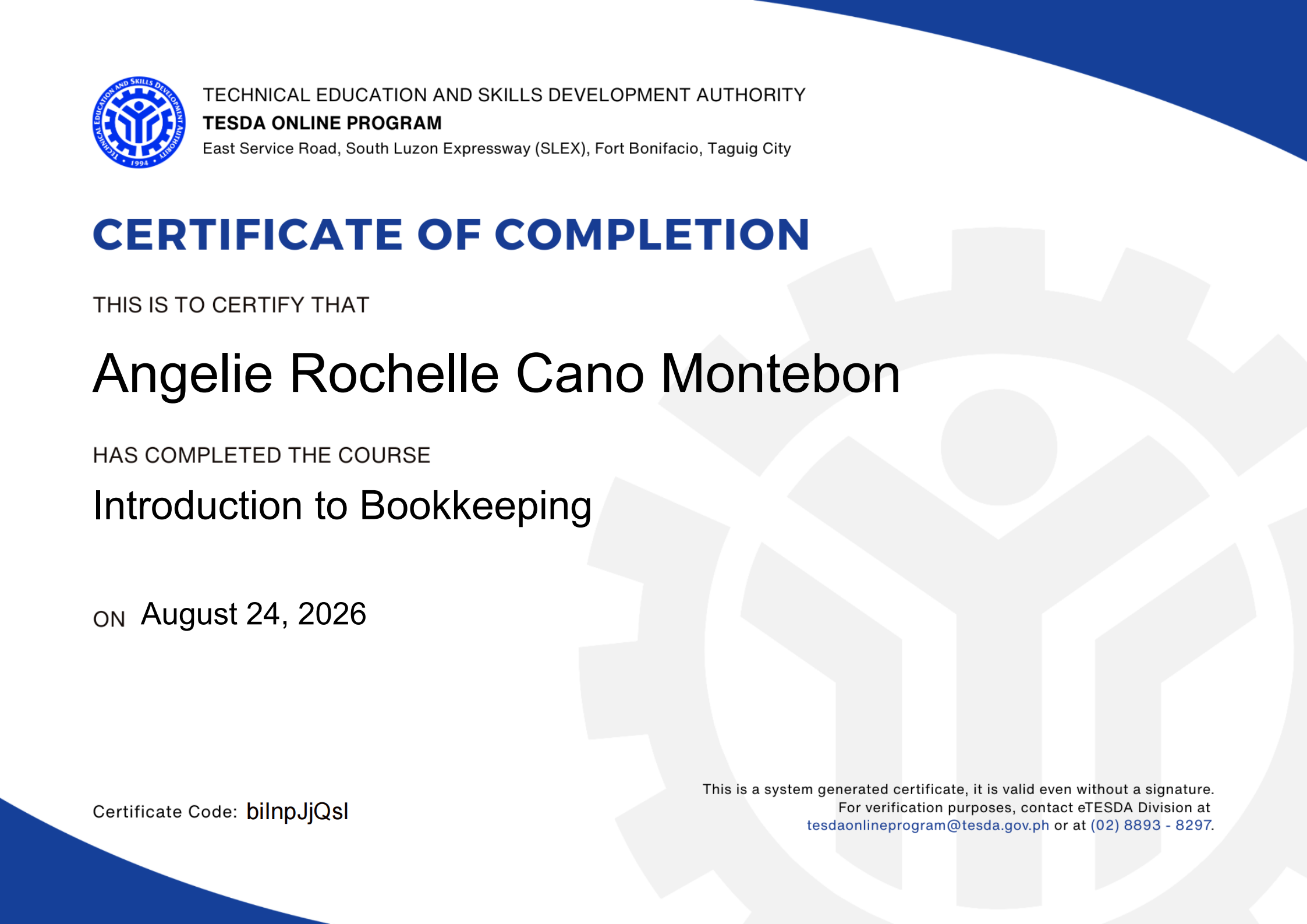 e-Tesda Certificate of Completion - Bookkeeping