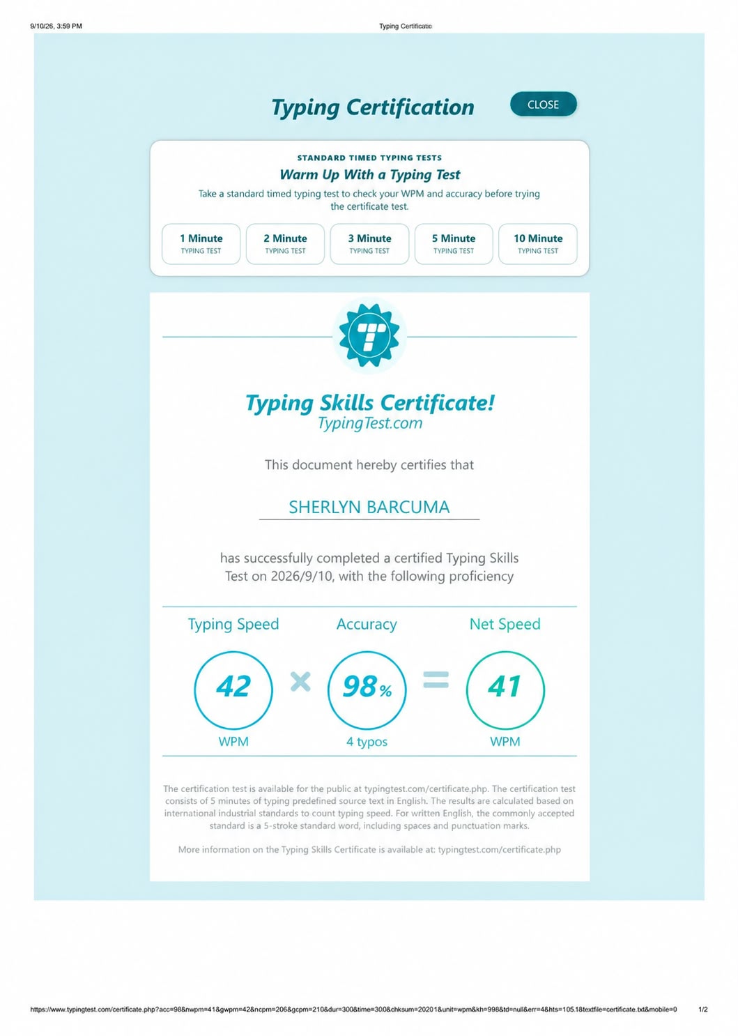 Typing Test Certificate