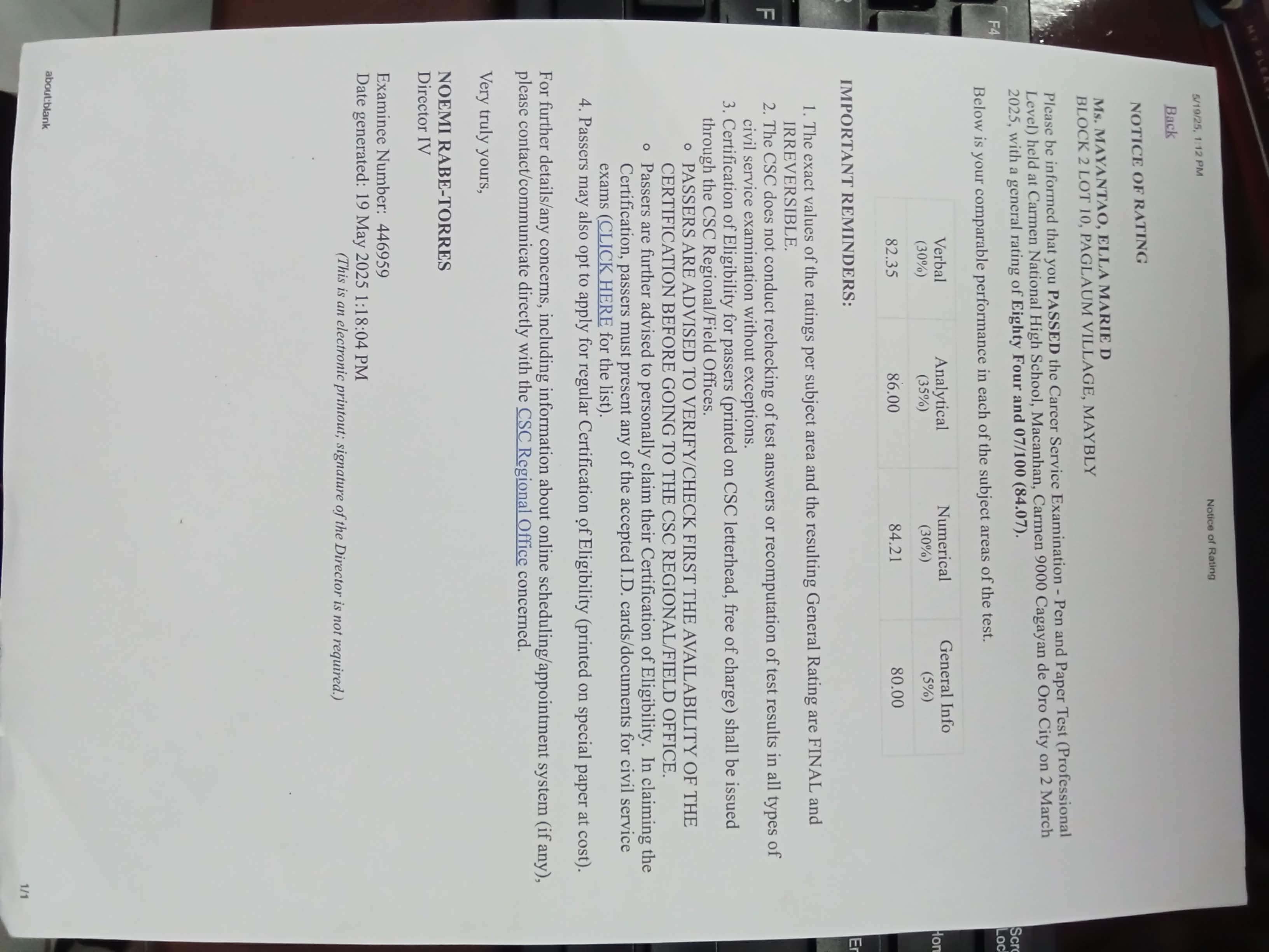 Certificate of Eligibility (Professional)