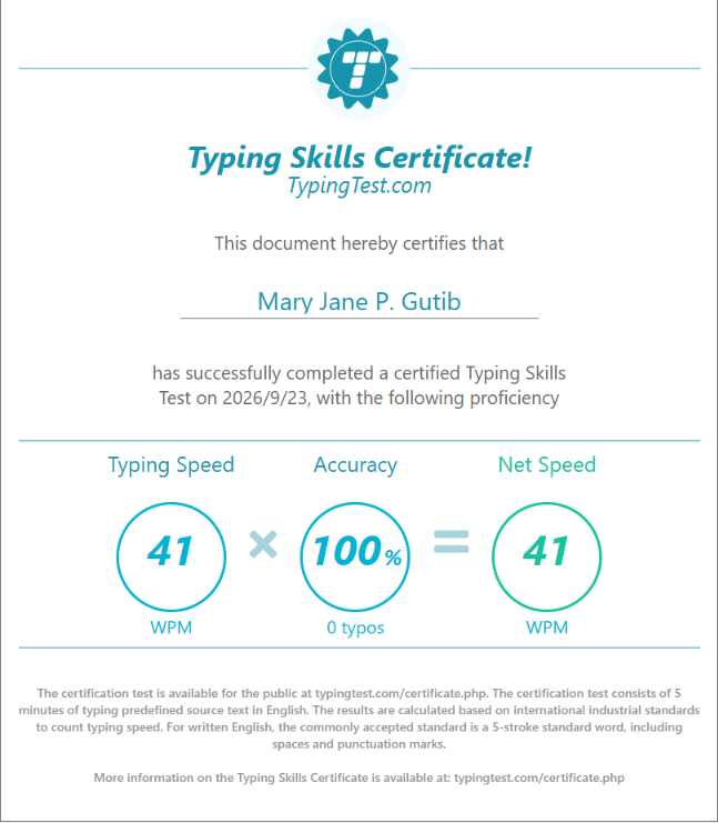 Typing Test Certificate