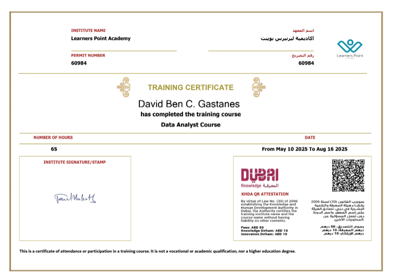 Data Analyst Course Attested Certificate