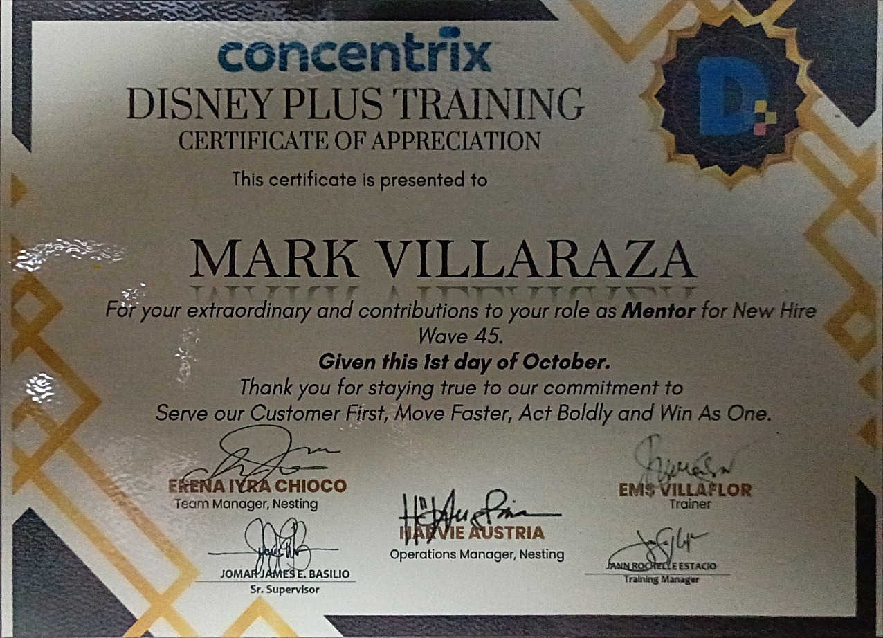 New Hire Mentor's Certificate of Appreciation